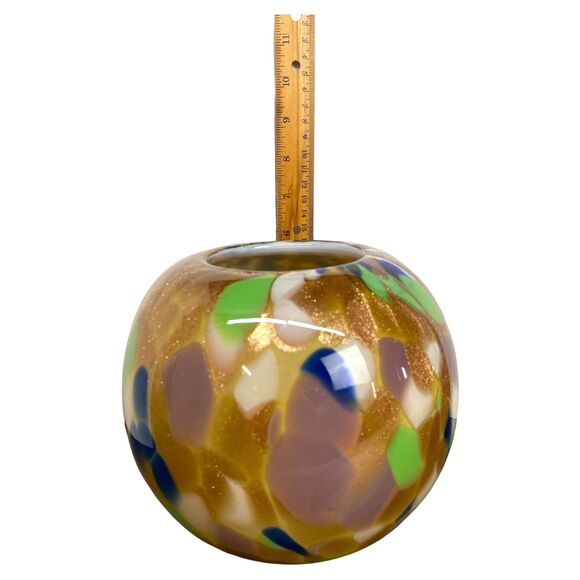 Murano Hand Blown Art Glass Vase 6.25x7" Gold Cased Round Globe Italy - Picture 3 of 8